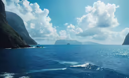 a blue sea view with the water surface covered in blue
