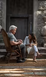 the old man and young woman are sitting in chairs talking to each other