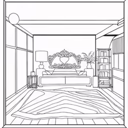 a drawing of an empty living room with lots of furniture