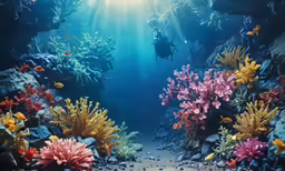 a man in diving gear swimming over a coral reef