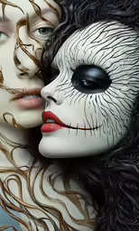 two faces are close to each other and with hair on them