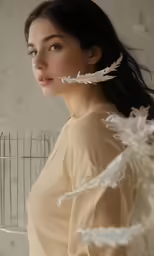 a woman with bird wings on her neck