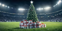 christmas tree at a stadium with presents under it