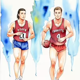 two watercolor pictures of two basketball players,this is an image of two basketball players,a water color sketch of two basketball players,two basketball players stand in different positions holding the ball,this is a drawing of two basketball players