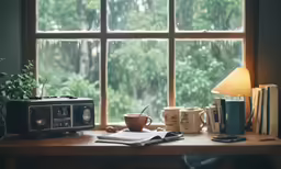 an image of some books and a lamp near a window