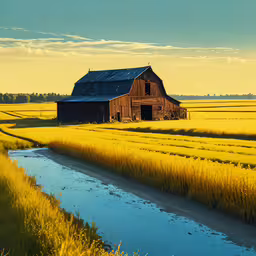 a barn sits on the side of the road,an old barn sits in a field next to a river