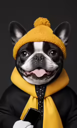 a small black and white dog in yellow scarf, hat, and sweater