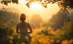 a young woman meditates in the morning sun