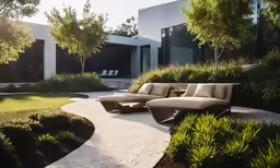 some grass and some chairs in the outside