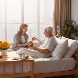 a woman sits on a bed and speaks with an elderly man