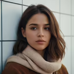 a beautiful woman leaning against a wall wearing a brown jacket