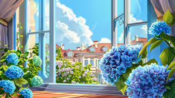 an oil painting of a window in a room,a picture of a sunny day outside of a window with blue flowers