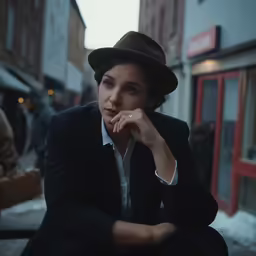 woman in black suit sitting on bench wearing ring and hat