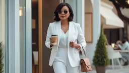 a woman wearing a white suit walking through a sidewalk
