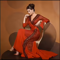 a woman sitting on a chair wearing an orange gown
