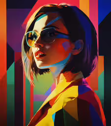 a woman with sunglasses stands in front of colorful lines,a woman with colorful sunglasses looks at something