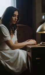 the woman is looking down while she is sitting at the desk