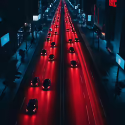 a long red line of road with lights on at night