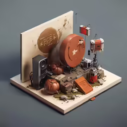 a display of various items arranged on a surface