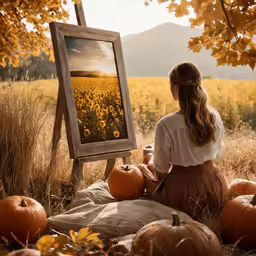 a girl is sitting down near a large painting