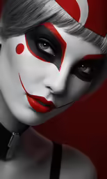 a beautiful woman with red makeup is dressed as a clown