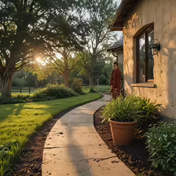 a walk way in front of a home with potted plants