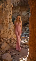 a woman is standing in front of some rocks