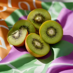 a close up of kiwi fruit sliced and on a cloth