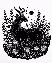 a black and white photo with some plants,a deer standing in a field of plants