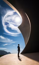 a man standing in front of a very large sculpture