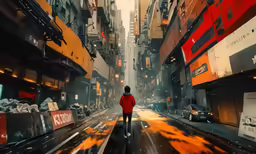a man wearing a red coat walks in an alley lined with buildings
