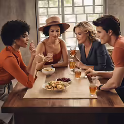 four people sitting around a table with beers, eating and drinking