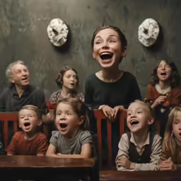 the audience looks excited as they sit at the table