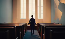 a person standing in a church near two windows
