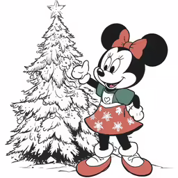 minnie mouse holding onto a tree in front of a christmas tree
