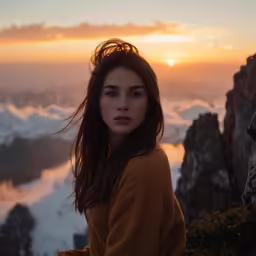 a woman stands on top of a cliff with the sun setting in the background