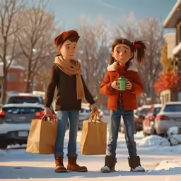 two small girls in the snow carrying coffee bags