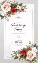 a wedding card with pink roses, greenery and leaves