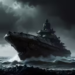 a ship in the ocean with dark clouds