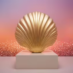 a large gold shell shaped object sitting on top of a table