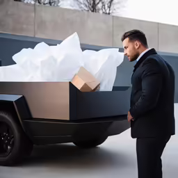 a man in a suit next to a black vehicle