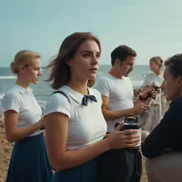 the woman is looking at the man with the camera