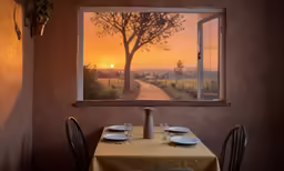 a large window shows the sunset from inside a restaurant