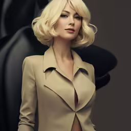 a blonde woman with short hair in front of a statue