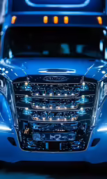 the front of a blue pickup truck with its lights on