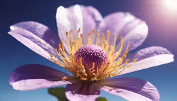a flower is shown against the sky and sun,a purple and white flower with rain drops in the middle of it