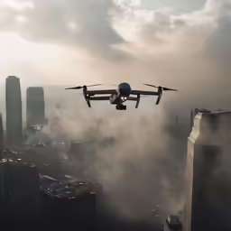 a small plane flying over a large city