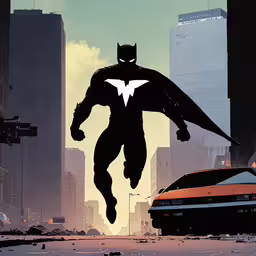 the batman movie character flying through a city with skyscrapers,a batman flying high up in the sky