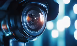 a high - definition camera lens with glowing lights in the background