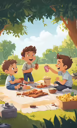 three kids sitting on a picnic table having lunch